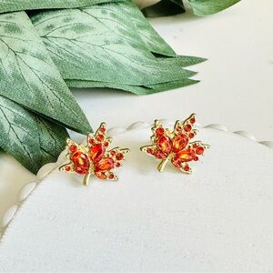2/$30🌵 Gold Red Maple Leaf Earrings Stud Rhinestone Fall Autumn Harvest Boho